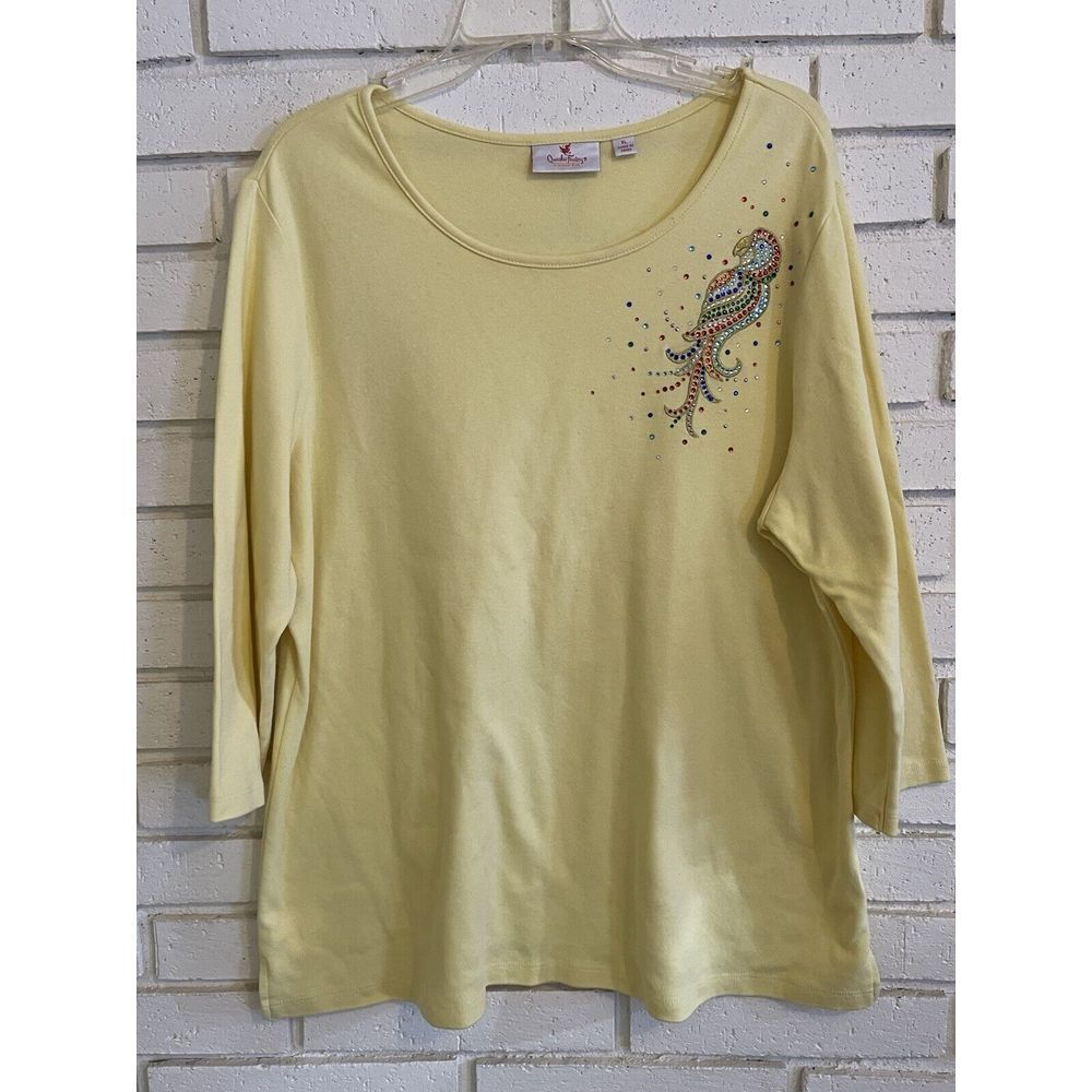 Quacker Factory size XL Top Parrot Rhinestones‎ Scoop Neck 3/4 Sleeve Yellow